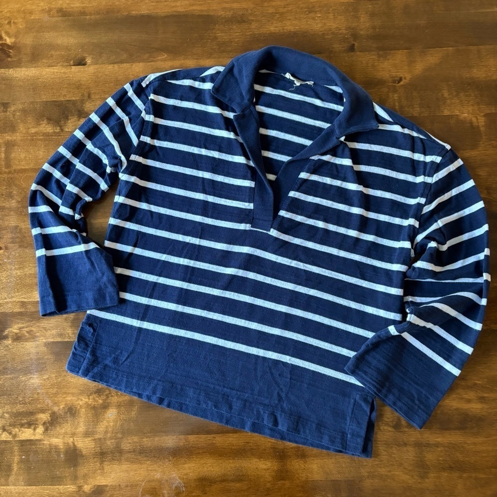 Madewell Striped Long Sleeve Tee | White & Navy Blue | Collared V-Neck | Size XS